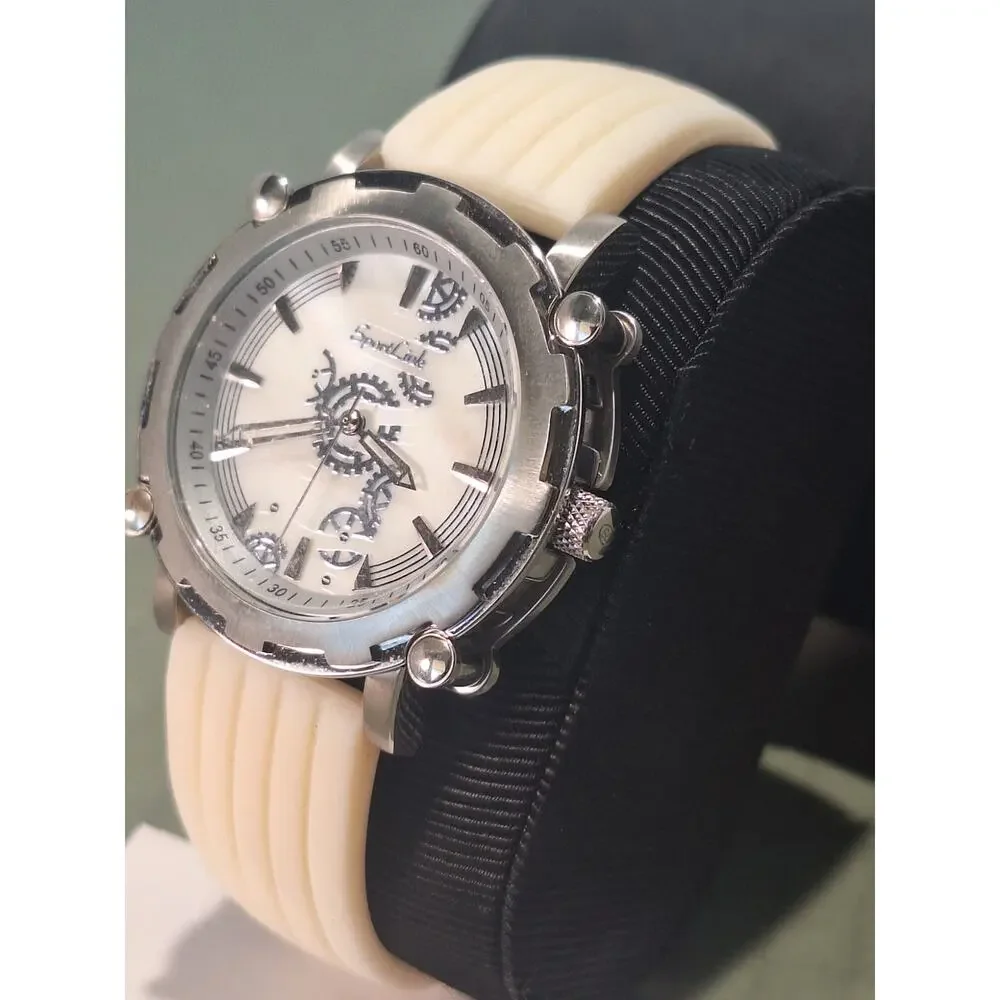 SportLink Skeleton Gear Watch White Band Analog Quartz Mens w/ Box & Manual NIB